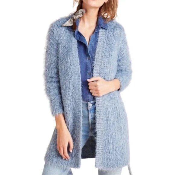 ANTHROPOLOGIE Larkin Shimmer Fuzzy Cardigan Blue - Picture 1 of 6